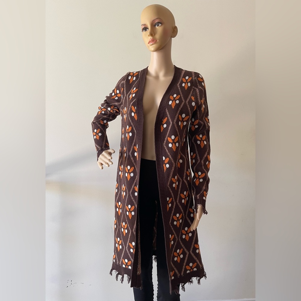 Brown Knit Fringe Hem Cardigan